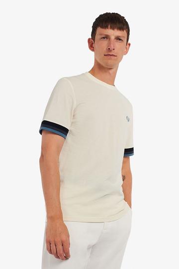 Pánské Tričko Fred Perry Pruhovaný Cuff Piqué Bílé | CZ 1276FDNM